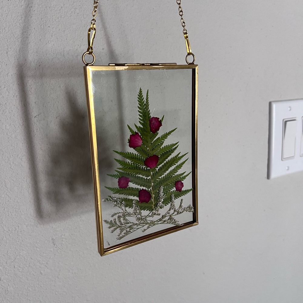 Gold Framed Hanging Glass Art with Fern and Flowers